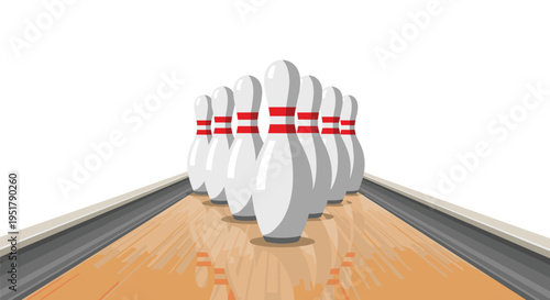 A low-angle close-up displays ten white bowling pins with red stripes arranged on a glossy wooden bowling lane against a white background.