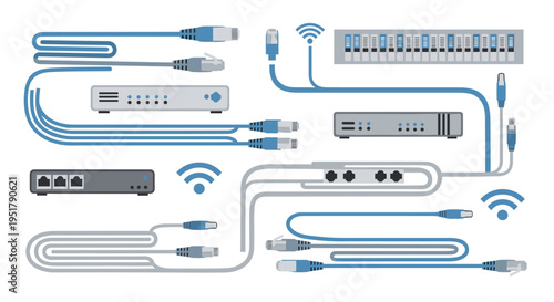 A flat lay arrangement showcases various blue and grey networking devices, server racks, and ethernet cables with Wi-Fi symbols on a clean white background.