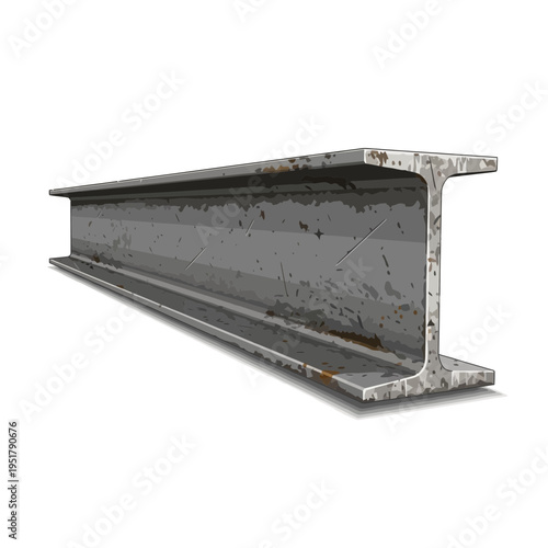 Steel I-beam, construction material, industrial metal profile on white background