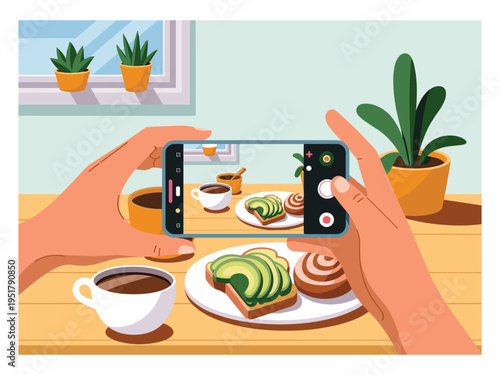 Hands holding smartphone photographing avocado toast and coffee.
