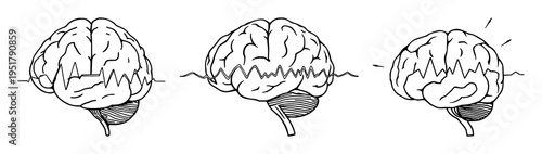 Brain set with continuous line drawing of a minimalist brain with electrical pulses, cognitive enhancement theme featuring thin line, white background and illustration vector
