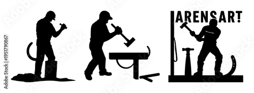 Farrier set with a silhouette of a blacksmith hammering a horseshoe featuring traditional trade, metalworking, craftsmanship with equestrian and equine
