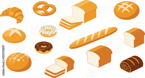 Bakery bread and pastry collection including croissant baguette loaf donut and sweet baked goods vector illustration set
