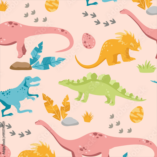 Kids dinosaur seamless pattern with colorful diplodocus and stegosaurus on peach background