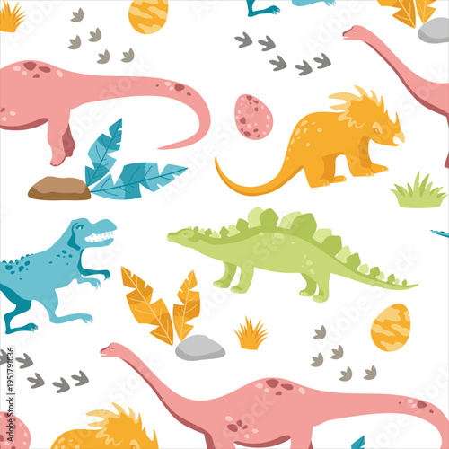 Cute cartoon dinosaur seamless pattern with exotic leaves and fossils on white background