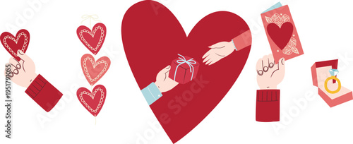 Romantic collection with red hearts, engagement ring, gift box and hands for Valentine's Day isolated on white background