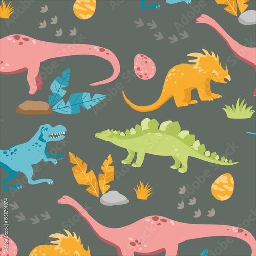 Seamless dinosaur pattern with cute stegosaurus and diplodocus on dark green background