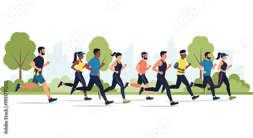 Nine diverse individuals are running horizontally across a green park with a subtle cityscape and trees in the background.