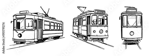 Streetcar set with sketchbook style illustration of an old‑fashioned streetcar isolated on white featuring black ink pen, vintage transit, line art with vector and illustration