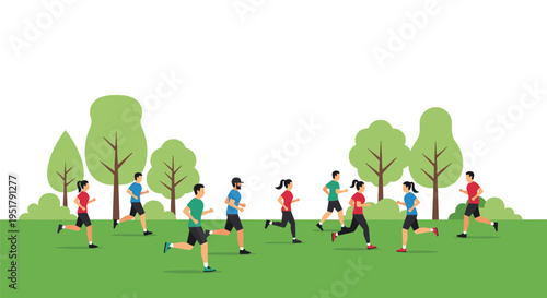 Ten diverse individuals are running across a green grassy park with stylized trees under a clear white sky.
