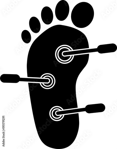 Black silhouette of Human foot anatomy with acupuncture needles for spa reflexology promotion purpose