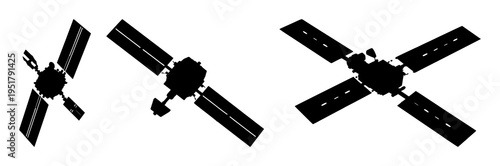 Deep space orbital satellite set with solid black silhouette design featuring solar wings, space exploration, technology with future and discovery