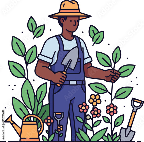 Gardener tending to plants with tools and watering can.