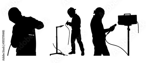 Solid black silhouette set with a person using a handheld laser welder on white background featuring industrial trade, precision craft, laser welding with safety gear and technical illustration