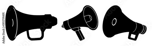 Bullhorn set with flat vector icon of a marketing announcement symbol featuring bold outlines, solid black, white background with illustration and design
