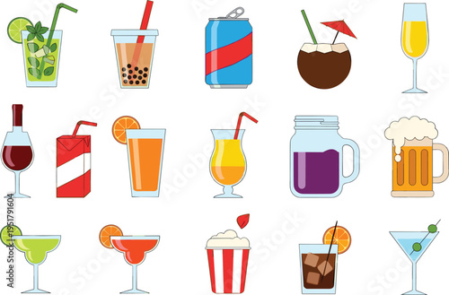 Assorted beverage drinks collection including cocktails juice soda beer coconut bubble tea and wine colorful vector illustration set