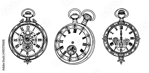 Pocket watch set with ornate Victorian line art design featuring gears, steampunk, Victorian with line art and white background
