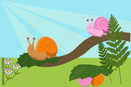 Cute cartoon snails in sunny garden scene