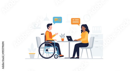 A man in a blue wheelchair is conversing with a woman working on a laptop at a white desk in a minimalist office.