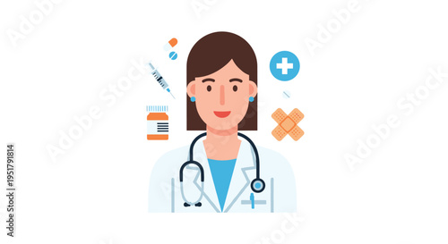 A smiling female doctor with a stethoscope is surrounded by various floating medical icons against a clean white background.