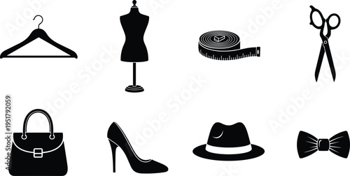 Vector illustration set of fashion icons featuring tailoring tools, clothing accessories, style symbols, and garment design graphics.