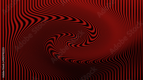 Abstract optical illusion background with black red swirling vortex lines, hypnotic spiral motion, and vibrant geometric decorative layout