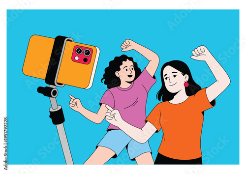 Two women dancing and filming with a smartphone selfie stick, social media design.