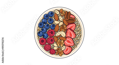 An overhead view shows a white bowl of oatmeal topped with blueberries, raspberries, strawberries, almonds, cashews, walnuts, and pecans.
