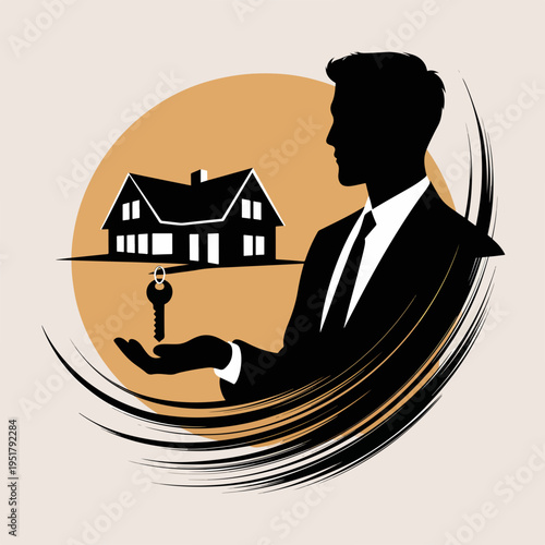 Real estate agent silhouette holding a house key. Flat vector illustration of a property sale and mortgage concept. Minimalist logo design with dynamic brush strokes