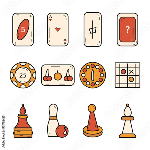 Set of simple colored icons of board game elements on a white background