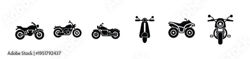 Motorcycle and motorbike silhouette icon featuring cruiser chopper scooter and quad bike for transportation travel more vector illustration.