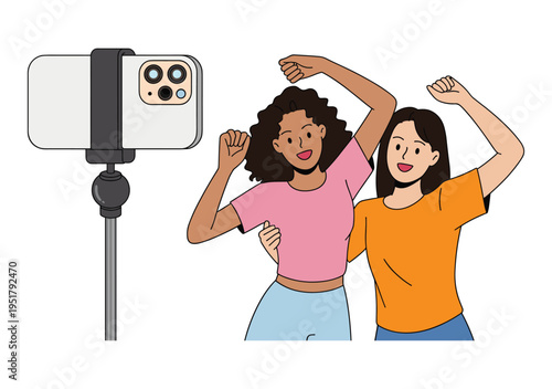 Two women dancing and recording on smartphone selfie stick, social media design.
