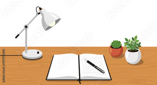 An open notebook with a pen rests on a wooden desk next to a lit lamp and two potted plants against a white background.