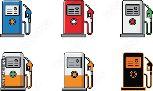 Vector illustration set of gas pumps featuring fuel nozzles, energy stations, colorful designs, transportation icons, and petroleum industry artwork.