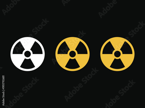 Radiation warning symbol set, three radioactive hazard icons, black white yellow versions, horizontal layout, nuclear danger symbols, vector illustration