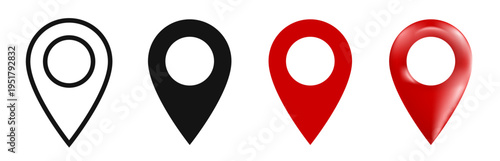 Location Pin Icons Set, Red and Black Travel Map Markers in Flat, 3D and Outline Styles For ui web or app interface Vector illustration