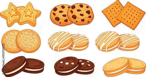 Assorted cookies and biscuits collection including chocolate sandwich crackers and glazed biscuits sweet bakery snack vector illustration set