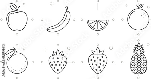 Fruit line icons vector illustration set with apple, banana, orange, strawberry and pineapple, minimal outline food symbols collection design