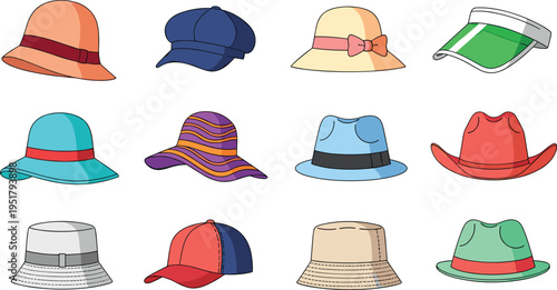 Collection of different stylish hats including bucket cap cowboy fedora visor and sun hat colorful fashion accessory vector set