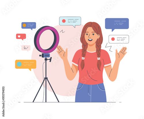 Woman with ring light and speech bubbles recording, Content creator.