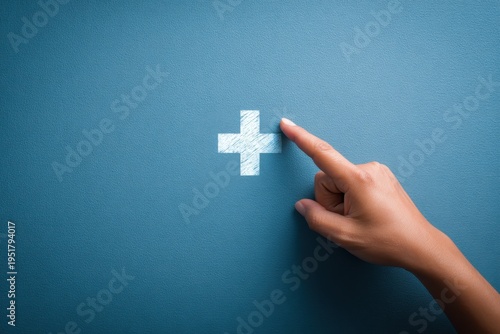 The Plus Sign in Touch: A person's finger gently touches a plus symbol, set against a calming blue background, suggesting growth and the significance of positivity.