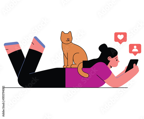 Woman with cat on back using smartphone with social media.