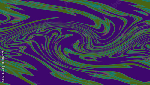 Abstract optical illusion background with green blue swirling wavy lines on dark purple, dynamic fluid motion, and vibrant geometric decorative layout