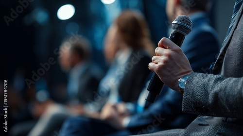 People sitting on a stage during a conference while someone is holding a microphone and preparing to speak
