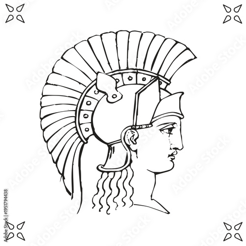 illustration of the head profile of Minerva (or Athena in Greek mythology), the Roman goddess of wisdom and war strategy