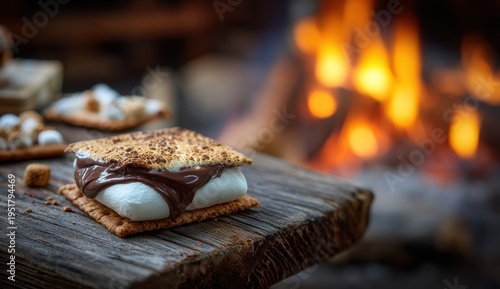 Campfire Treats: Capturing the essence of cozy outdoor moments, a perfectly toasted marshmallow and rich chocolate are sandwiched between crispy crackers.
