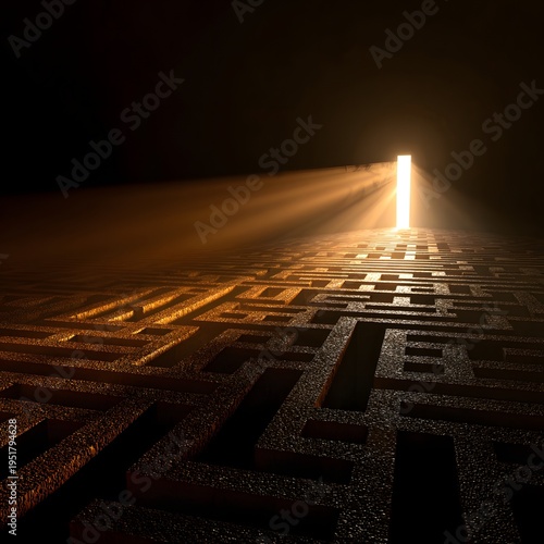 A bright light shines at the end of a maze pathway