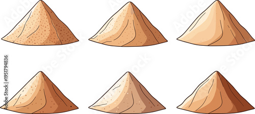 Vector illustration set of sand piles featuring conical shapes, textured grains, natural formations, construction material, and desert design icons.