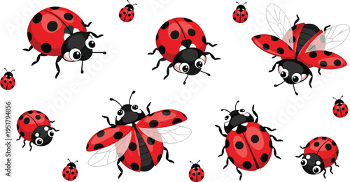 Ladybug cartoon insects collection flying and crawling red spotted beetles vector illustration set