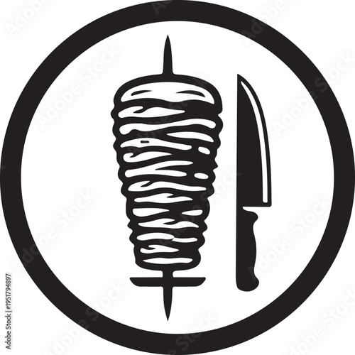 A black and white image of a skewered meat and a knife